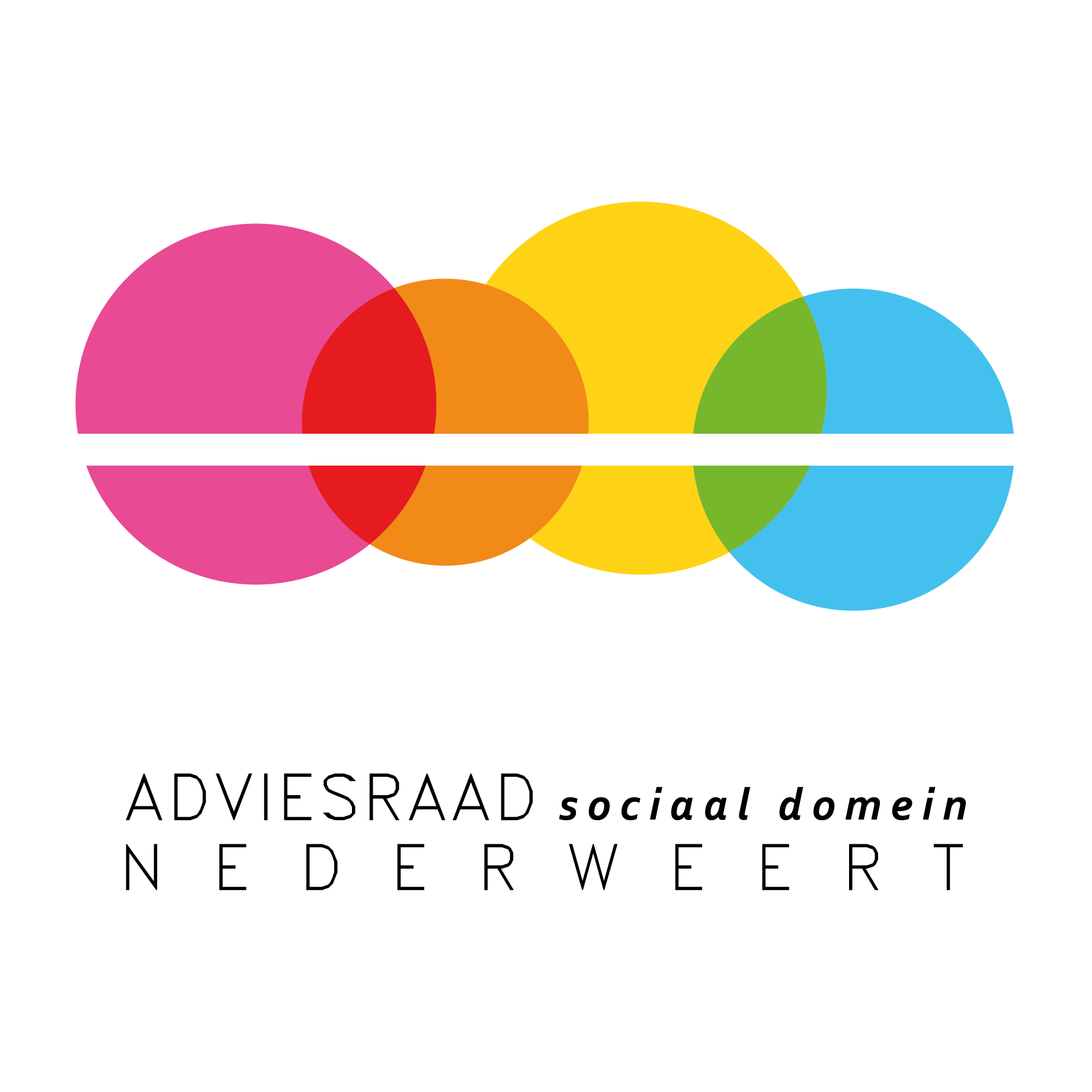 Nieuw logo voor de Adviesraad Sociaal Domein Nederweert: We zien vier felgekleurde, overlappende cirkels naast elkaar van verschillende groottes. De cirkels worden verbonden door een doorlopende witte streep, waarmee de verbinding tussen de Adviesraad en de verschillende domeinen wordt uitgebeeld. Eronder staat de naam Adviesraad Sociaal Domein Nederweert in twee regels | Elena & Company