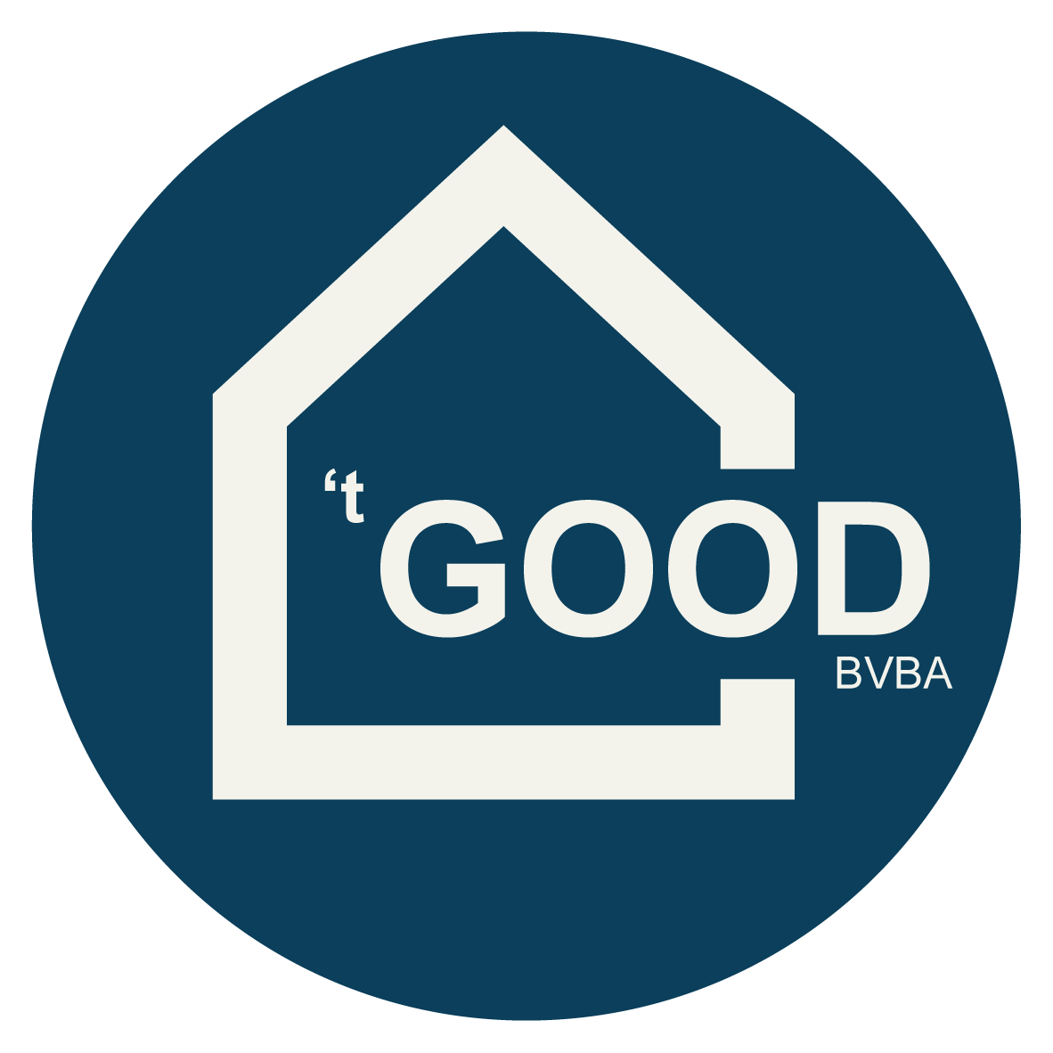 Nieuw logo voor vastgoedbedrijf 't Good uit Bocholt: een donkerblauwe cirkel met daarin een minimalistisch omtrek van een huisje. De rechterzijde van het huisje in onderbroken; in het midden van het huisje staat de tekst 't Good' waarbij de laatste twee letters door de onderbreking in de illustratie van het huisje lopen | Elena & Company